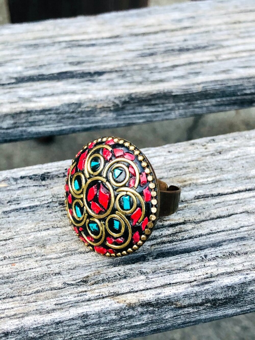 Brass Round Mosaic Ring Boho Jewelry Size 9.5